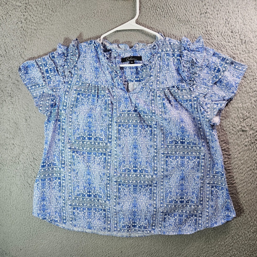 Calessa Top Women XL Short Sleeve Geometric Print White Blue
